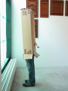 Brinkmann, 2006, cardboard, athletic shoes and jeans from the artist, plastic legs, 193 x 40 x 34 cm