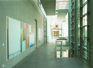 Buero Buero  ( view into the magistrale of the new LVA ), 2002, Inkjetprints on tarp, each 170 x 200 cm