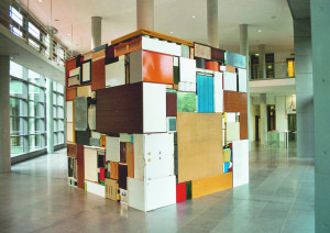 Buero Buero ( view 2 ), 2002, all used objects found in the old LVA Hamburg, 3,6 x 3,6 x 3,6 m